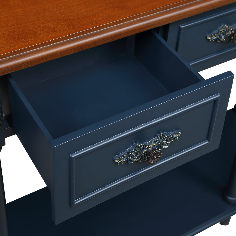Retro Half-Moon Console Table with 2 Drawers & Open Shelf | 52" Curved Solid Wood Sofa Table — Navy Blue & Brown