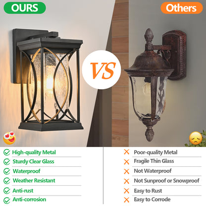 Black Outdoor Wall Lantern with Crackled Glass | 14" Modern Porch Light, E26 Base