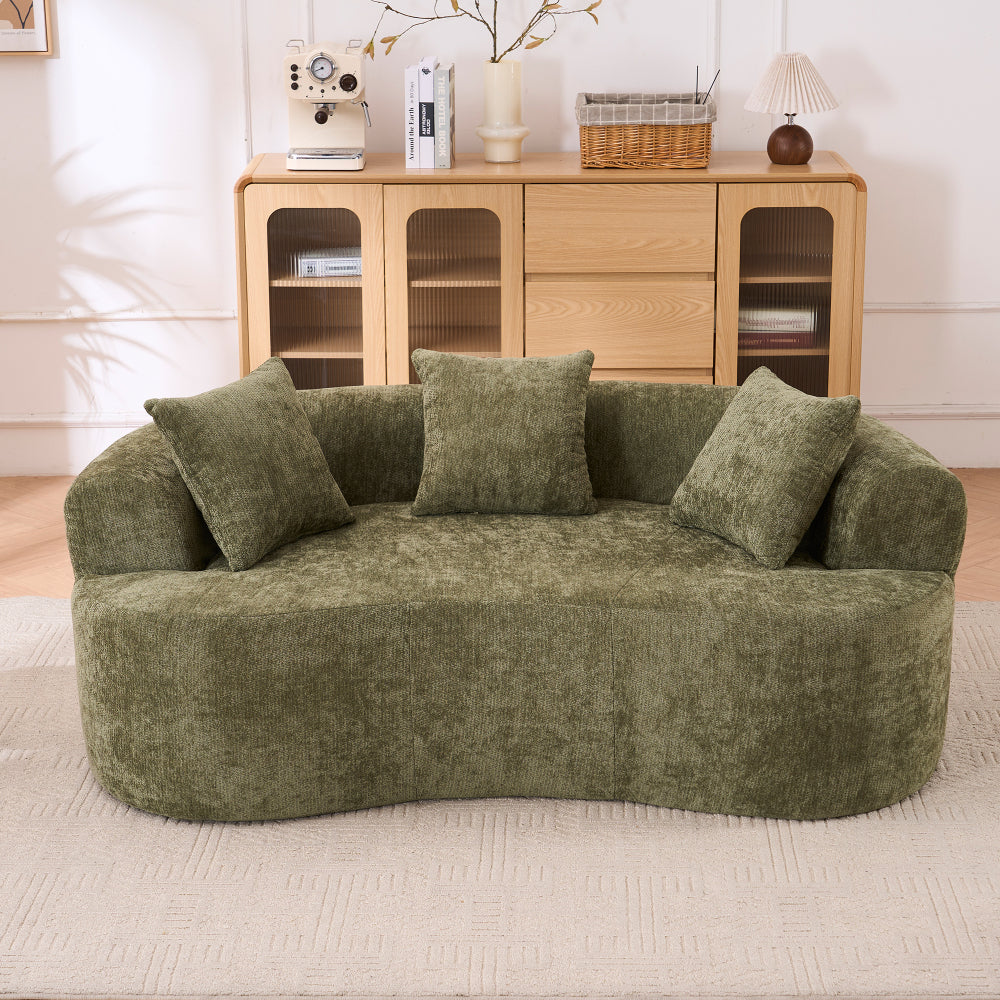 Crescent Sectional Sofa | No-Assembly Chenille 2-Seater with Low-Back Deep Cushions & Self-Inflating Foam — Green / Gray Green