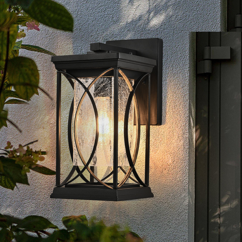 Black Outdoor Wall Lantern with Crackled Glass | 14" Modern Porch Light, E26 Base