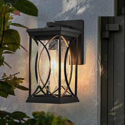Black Outdoor Wall Lantern with Crackled Glass | 14" Modern Porch Light, E26 Base