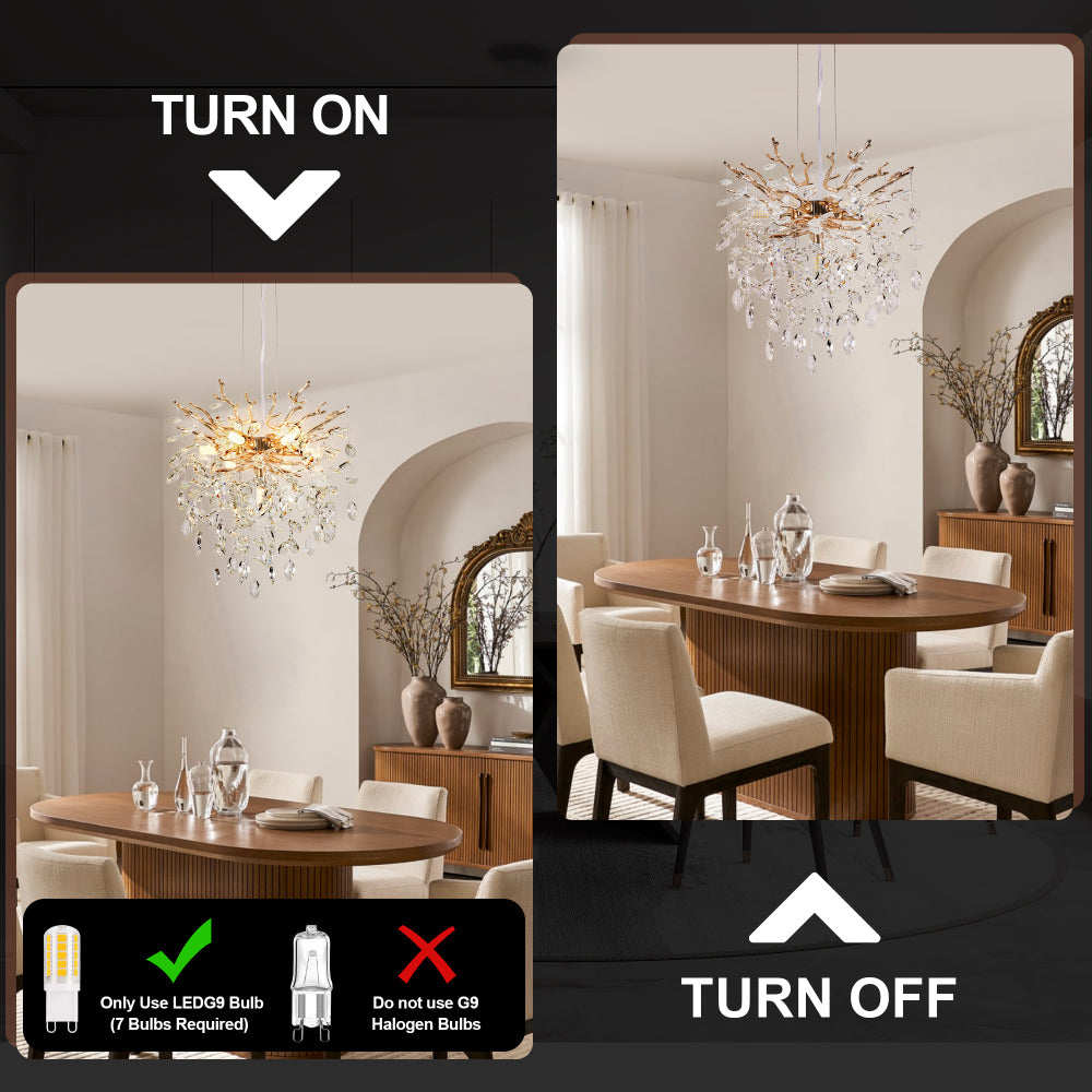 Gold tree branch crystal chandelier illuminating a dining room with wooden table and beige chairs, featuring LEDG9 bulb compatibility instructions.