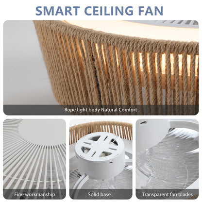 21" Boho Caged Ceiling Fan with LED Light & Remote – Braided Twine Design, 3CCT Dimmable, 6 Speeds & Reversible DC Motor