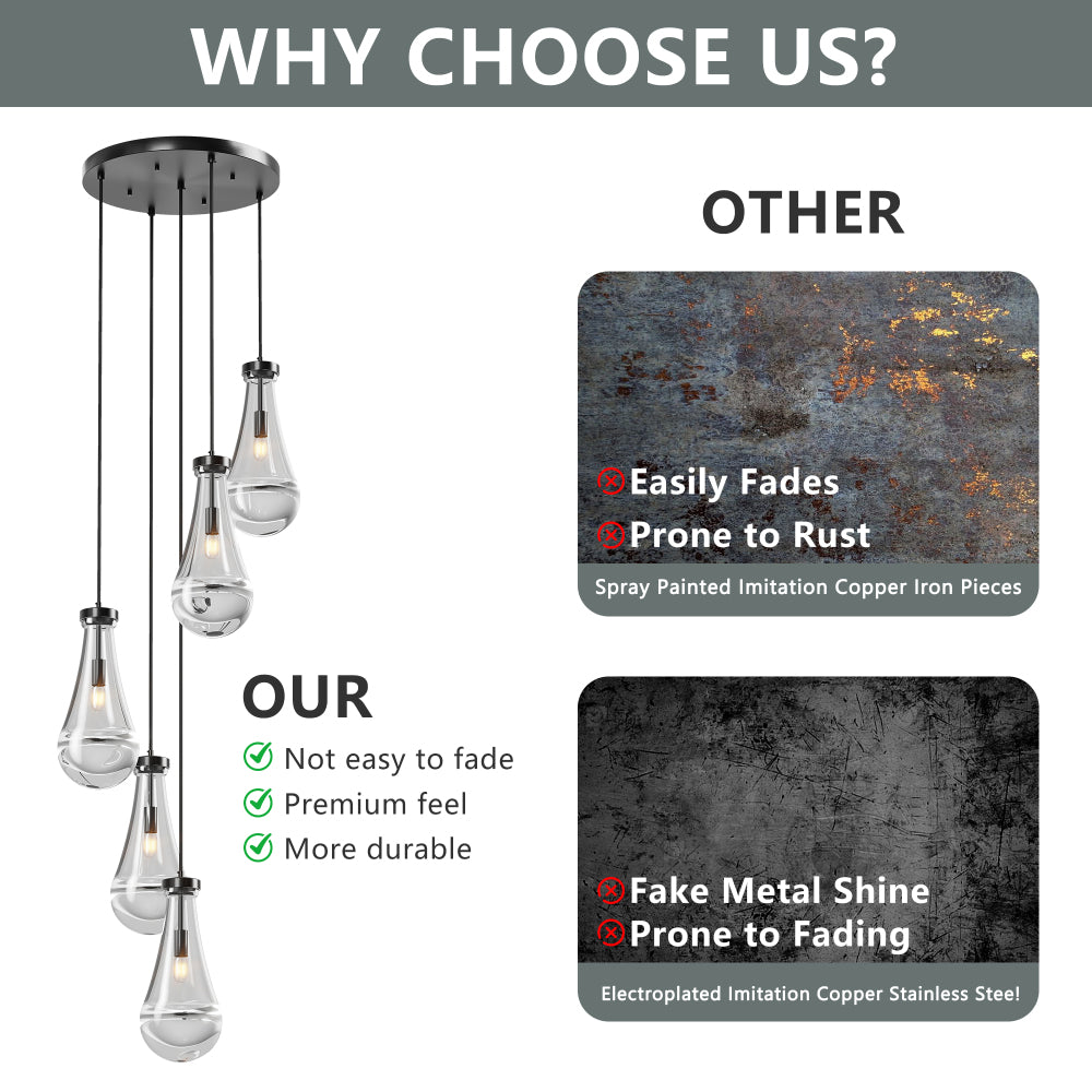 Raindrop cluster pendant chandelier with hand-blown glass drops, matte black finish, featured in a quality comparison chart highlighting premium materials.