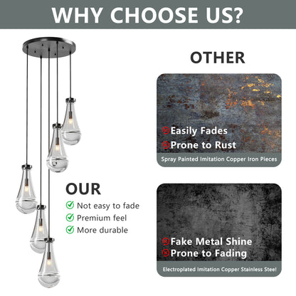Raindrop cluster pendant chandelier with hand-blown glass drops, matte black finish, featured in a quality comparison chart highlighting premium materials.