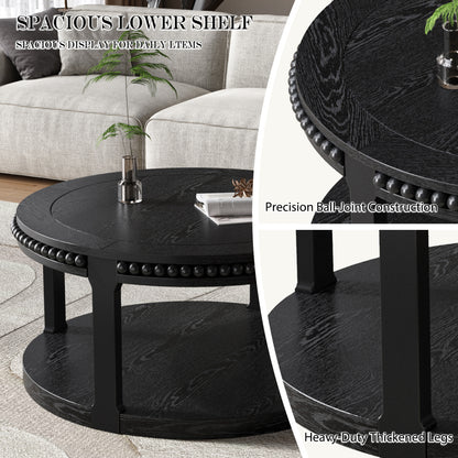 31.5" Round Solid Wood Coffee Table — Two-Tier Shelf, Natural Finish