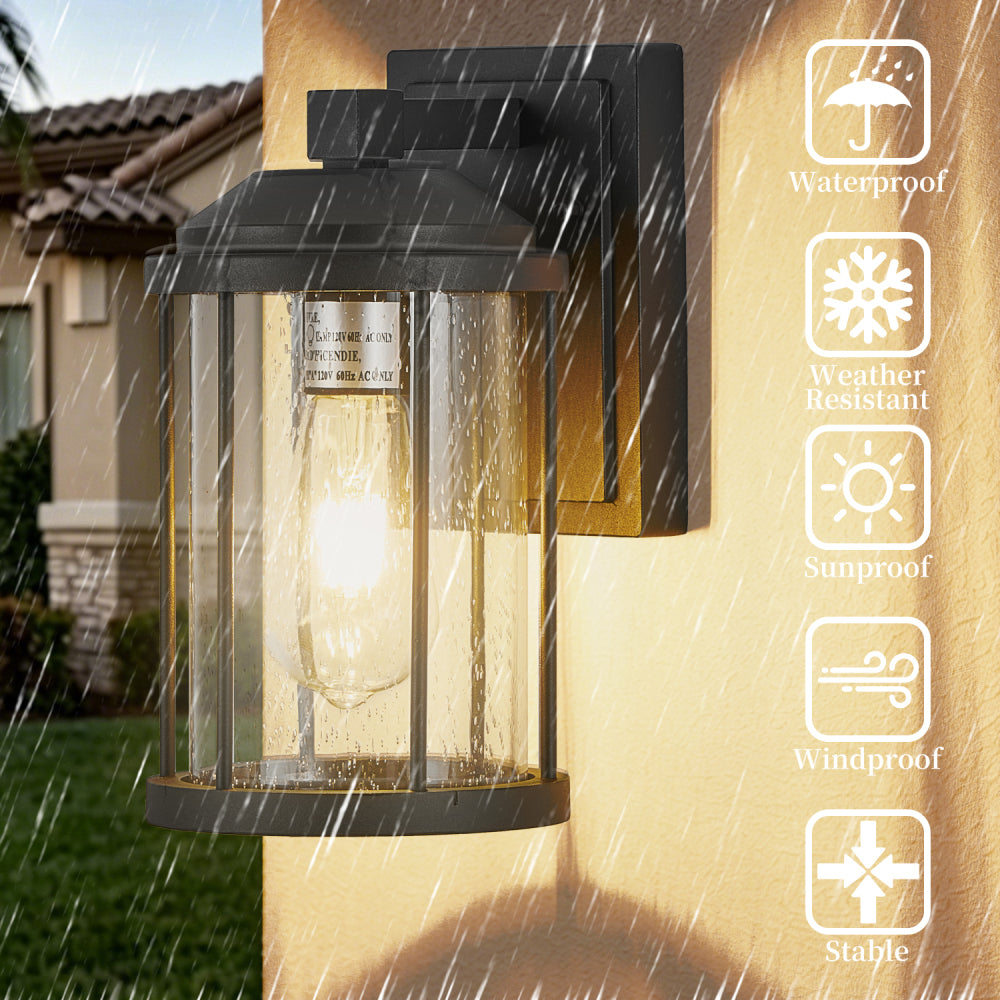 Outdoor Wall Sconces 2 Pack – Black Exterior Light Fixtures with Seeded Glass