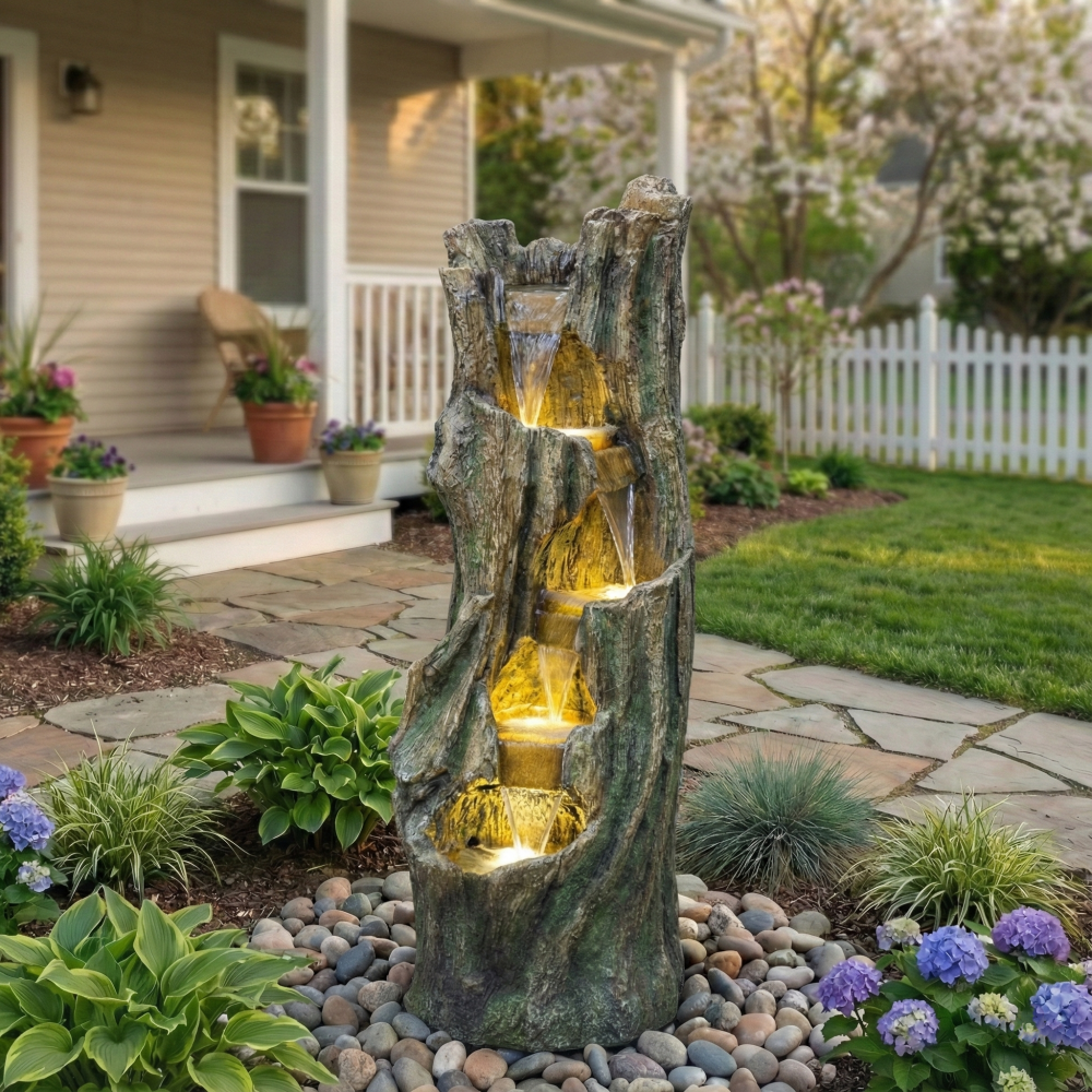 Tree Design Waterfall Outdoor Fountain with LED Lights | Freestanding Fiberglass Resin Garden Fountain for Patio, Backyard & Lawn