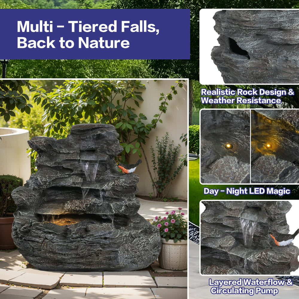 4-Tier Concrete Rock Waterfall Fountain with LED Lights | 20.8" Outdoor Garden Fountain with Adjustable Flow