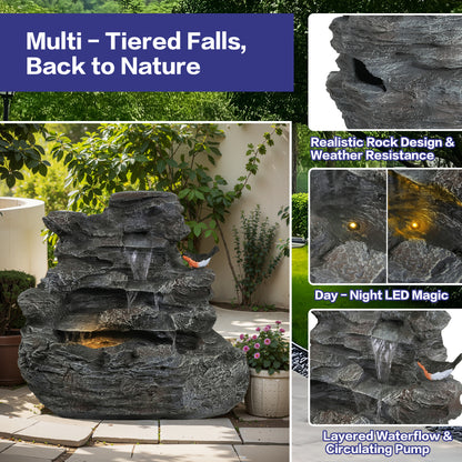 4-Tier Concrete Rock Waterfall Fountain with LED Lights | 20.8" Outdoor Garden Fountain with Adjustable Flow