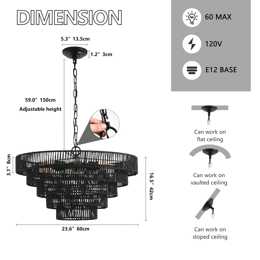 4-tier black hemp rope chandelier with E12 sockets, dimensions 23.6" wide x 16.5" tall, adjustable height up to 59.0", 120V, 60W max.