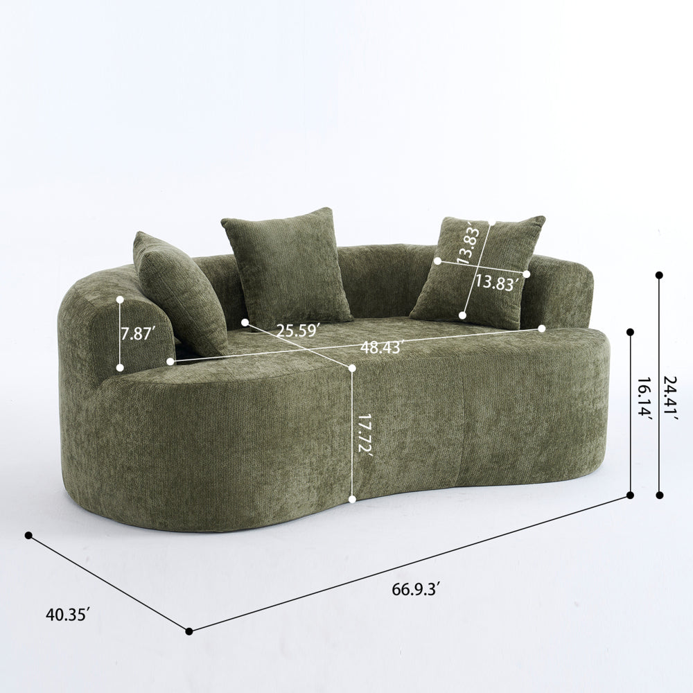 Crescent Sectional Sofa | No-Assembly Chenille 2-Seater with Low-Back Deep Cushions & Self-Inflating Foam — Green / Gray