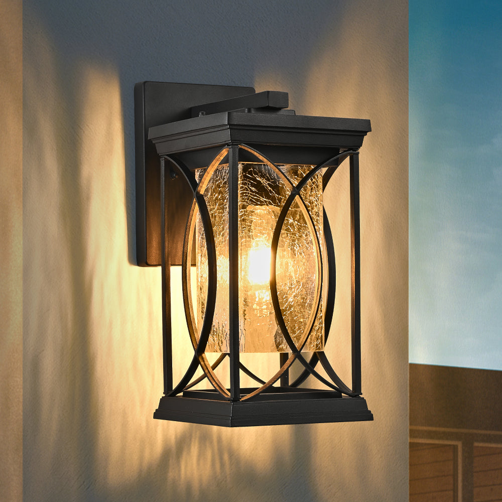 Black Outdoor Wall Lantern with Crackled Glass | 14" Modern Porch Light, E26 Base