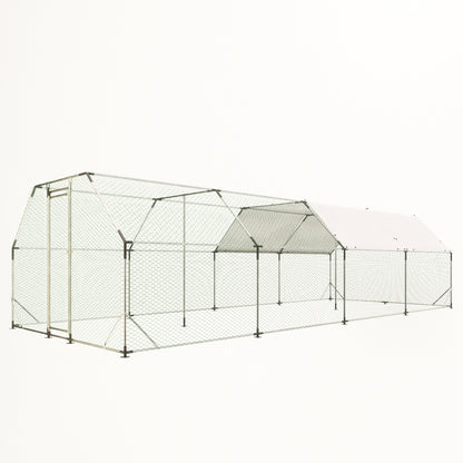 9.94×25.68 FT Large Walk-In Chicken Coop | Galvanized Steel Poultry Run with UV Waterproof Tarp & Lockable Doors — Hen House & Farm Pen