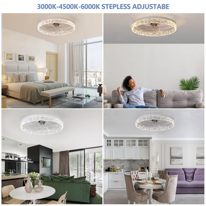 20" Flush Mount Ceiling Fan with LED Light – Crystal Ring Design, Remote Control & Dimmable 3CCT | Bedroom & Living Room