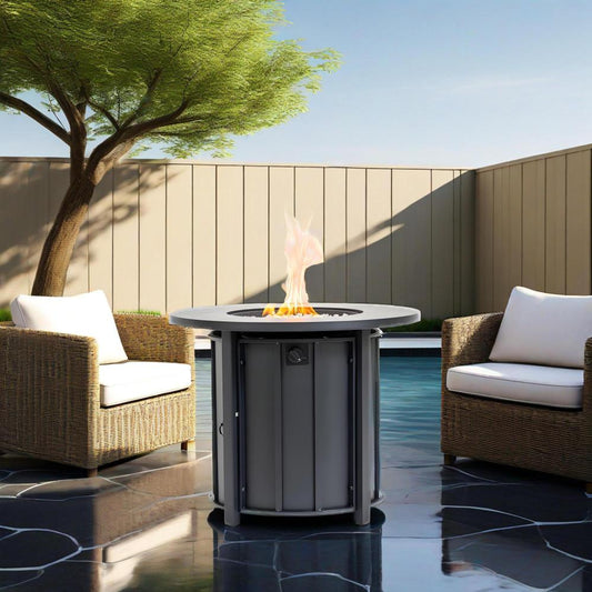 30" Propane Fire Pit Table | 50,000 BTU Round Steel Fire Table with Wood-Grain Ceramic Top & Rain Cover — Black