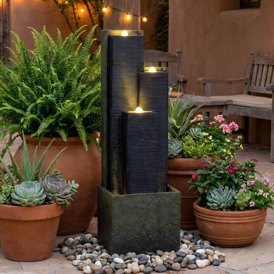 39" Freestanding Outdoor Waterfall Fountain with LED Light | Cascading Tiered Resin Garden Fountain for Patio, Porch & Backyard