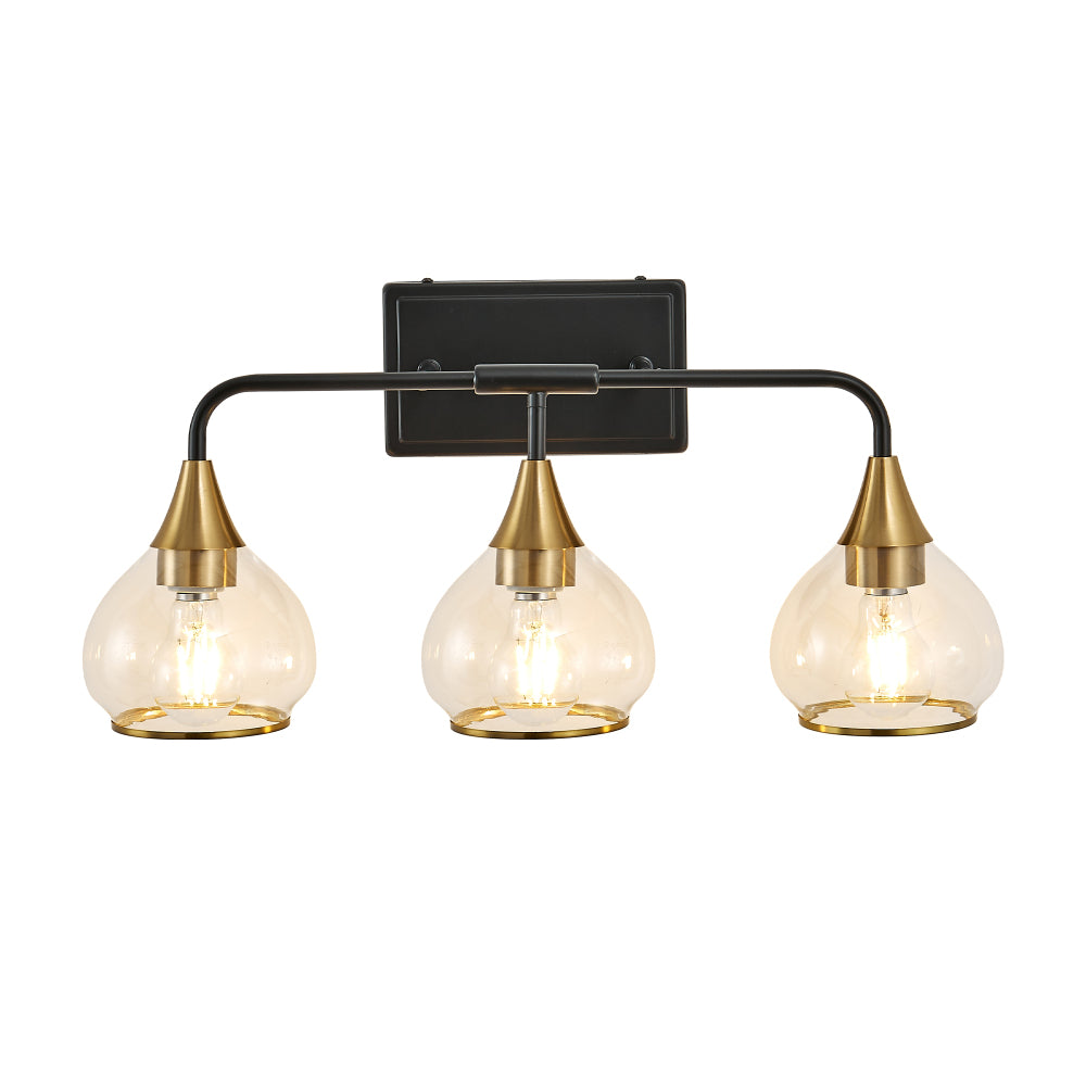 Black and gold 3-light vanity wall sconce with clear glass shades, industrial design for bathroom or living spaces.
