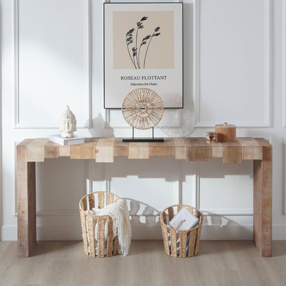 71" Rustic Console Table with Sculpted Block Apron | Narrow Entryway & Sofa Table for Hallway, Living Room & Foyer Wood Grain