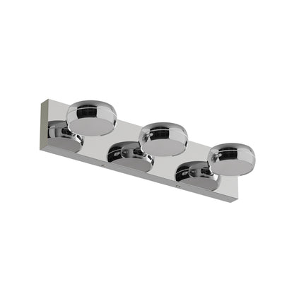 Modern chrome 4-light LED vanity light bar with round adjustable fixtures for bathroom mirror lighting