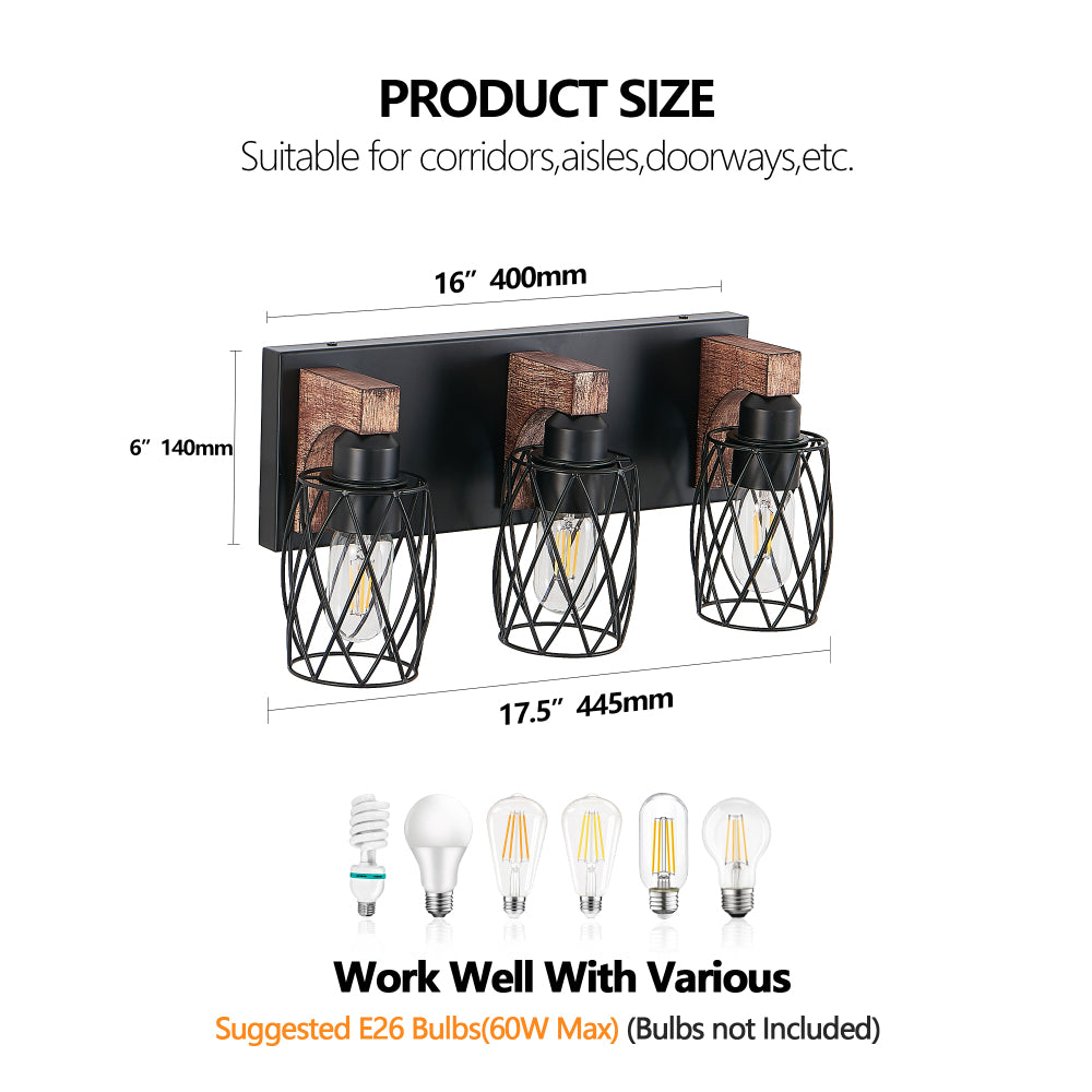 3-light industrial black cage wall sconce with wood accents, product dimensions 16" long x 6" tall, compatible with E26 bulbs (not included).