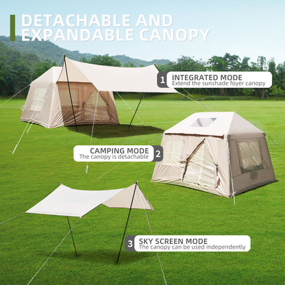 Inflatable Glamping Tent with Detachable Canopy & Skylight | 4-Season Waterproof Cotton Air Tent with Mesh Windows & Pump — 4 Person
