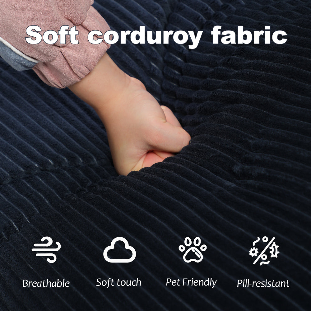 3-in-1 Floor Sofa Bed for Humans & Pets | No-Assembly Corduroy Lounger with Memory Foam & Pillow — Dark Blue