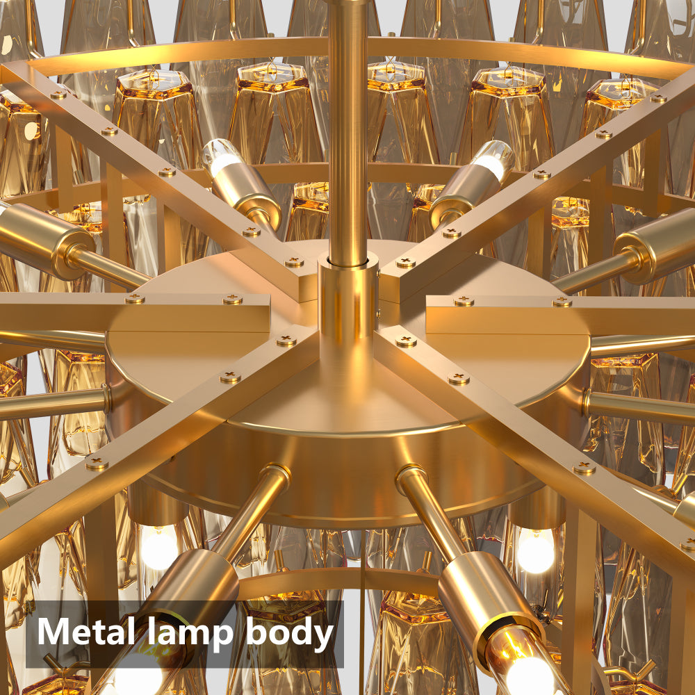 Close-up of gold metal lamp body with bulb fixtures on tiered smoke glass chandelier, 14-light round design.