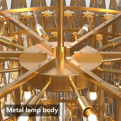 Close-up of gold metal lamp body with bulb fixtures on tiered smoke glass chandelier, 14-light round design.