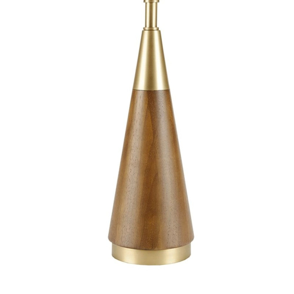 Mid-Century Triangle Table Lamp – Espresso Wood & Antique Brass, White Linen Shade