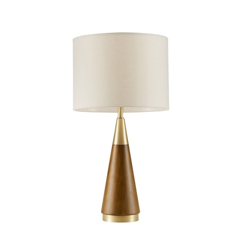 Mid-Century Triangle Table Lamp – Espresso Wood & Antique Brass, White Linen Shade