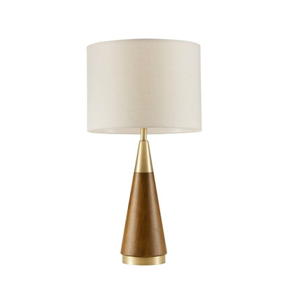 Mid-Century Triangle Table Lamp – Espresso Wood & Antique Brass, White Linen Shade
