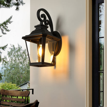Vintage Black Outdoor Wall Lantern – 21" Farmhouse Sconce with Clear Glass & Scroll Detail Black