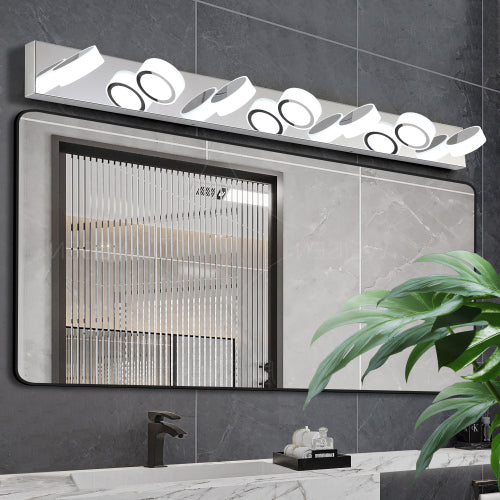LED Vanity Light Fixture | 3/4/5/6/7-Light Chrome Bathroom Wall Sconce with 360° Rotatable Heads & Frosted Acrylic Shade — Dimmable, 36W 7-light