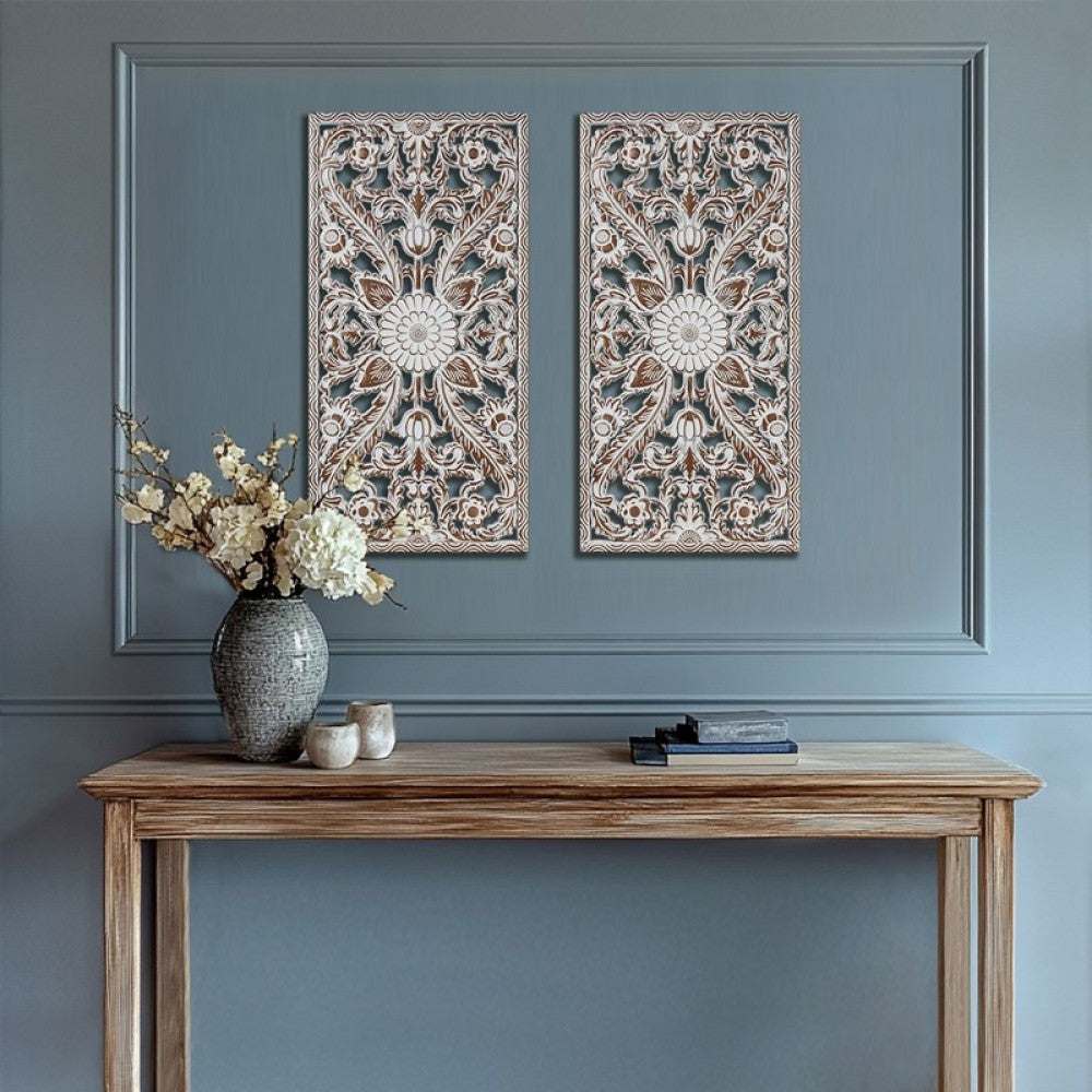 Distressed Lotus Carved Wood Wall Panels – Set of 2, Dimensional Engineered Wood Art