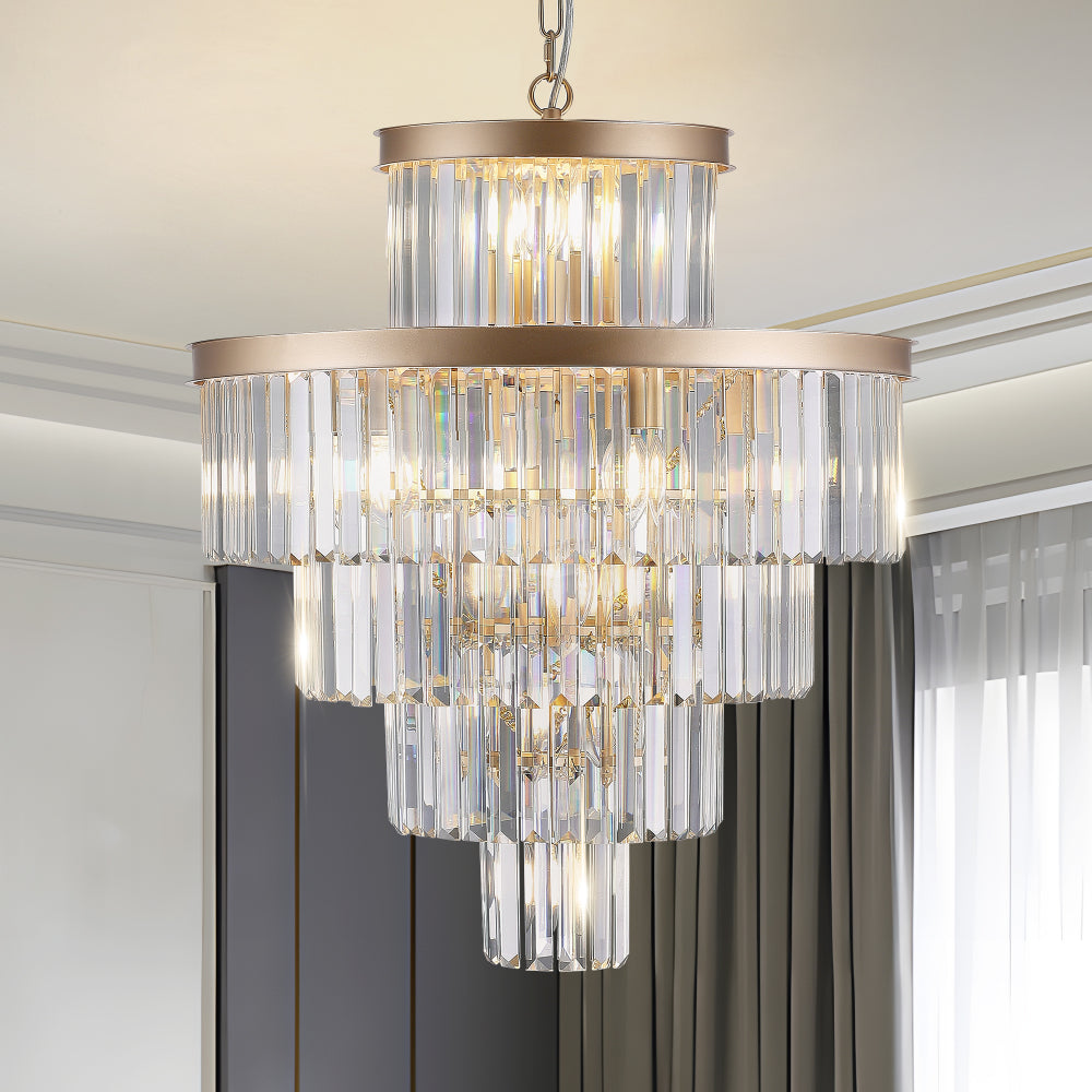 Full view of 23.6" 5-tier K9 crystal chandelier with gold frame, hanging in a room with curtains and ceiling details.