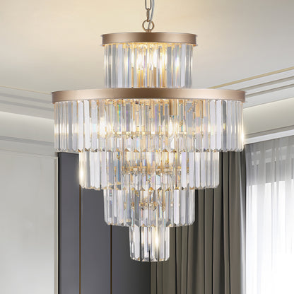 Full view of 23.6" 5-tier K9 crystal chandelier with gold frame, hanging in a room with curtains and ceiling details.