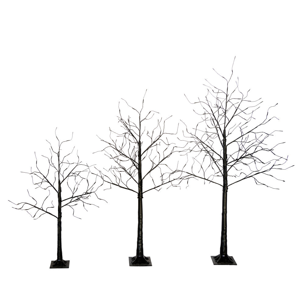 Black Halloween Christmas Tree Set | 3-Pack 4FT + 5FT + 6FT with 216 Purple LED Lights — Adjustable Branches for Spooky Holiday Decor