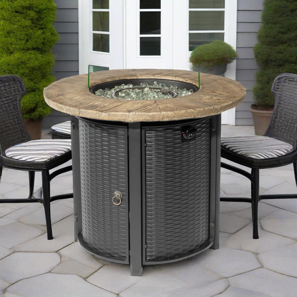 30" Propane Fire Pit Table | 50,000 BTU Round Steel Fire Pit with Wood-Grain Finish & Glass Stones