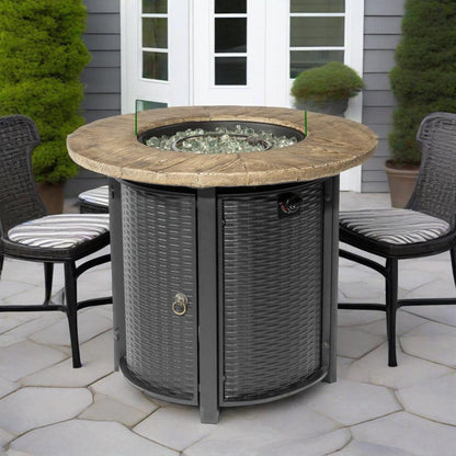 30" Propane Fire Pit Table | 50,000 BTU Round Steel Fire Pit with Wood-Grain Finish & Glass Stones