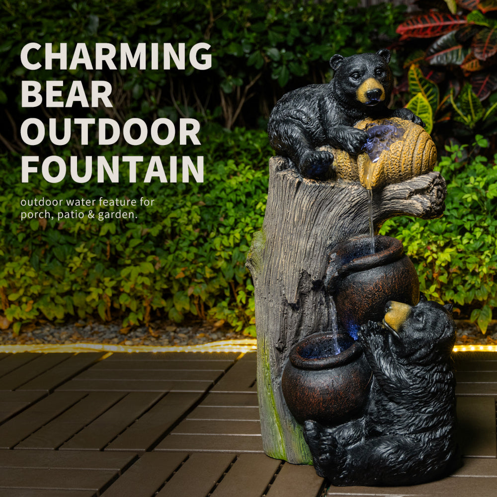 Bear Outdoor Water Fountain with LED Lights | 23.62" Cascading Garden Fountain with Climbing Bear Design — Patio, Yard & Balcony