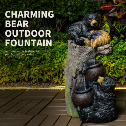 Bear Outdoor Water Fountain with LED Lights | 23.62" Cascading Garden Fountain with Climbing Bear Design — Patio, Yard & Balcony