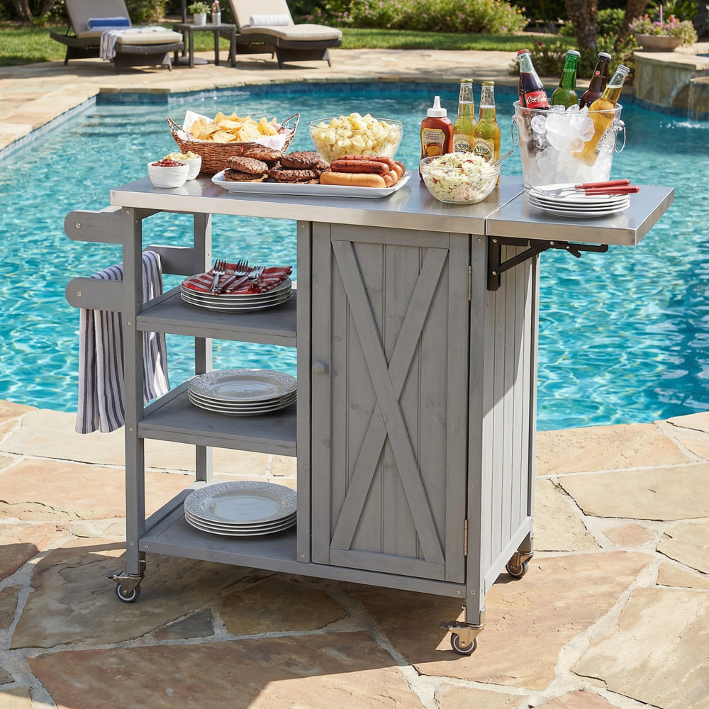 Foldable Outdoor Kitchen Island with Stainless Steel Top | Rolling Cart with Storage Cabinet, Open Shelves & Towel Rack — Grey Grey