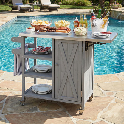 Foldable Outdoor Kitchen Island with Stainless Steel Top | Rolling Cart with Storage Cabinet, Open Shelves & Towel Rack — Grey Grey