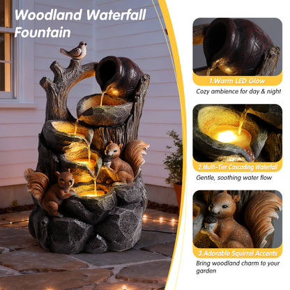 Squirrel Outdoor Water Fountain with LED Lights | Resin Tree Stump & Pouring Jug Waterfall Garden Decor for Patio, Yard & Porch