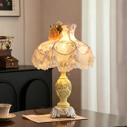 Victorian Pink & Ivory Table Lamp – Lace Pleated Shade & Beaded Fringe, Princess Bedside Night Light