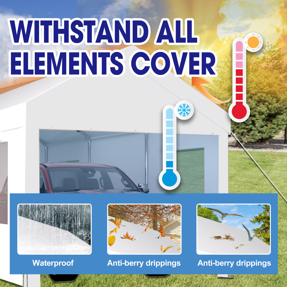 10×20 FT Portable Carport Garage | Heavy-Duty Galvanized Steel Frame with 2 Roll-Up Doors & 4 Ventilated Windows — White / Grey