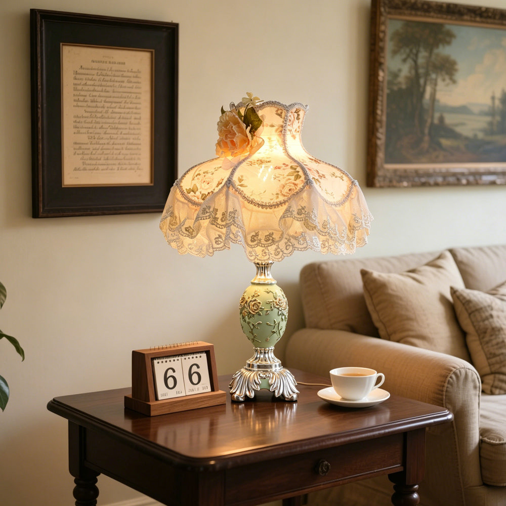 Victorian Pink & Ivory Table Lamp – Lace Pleated Shade & Beaded Fringe, Princess Bedside Night Light