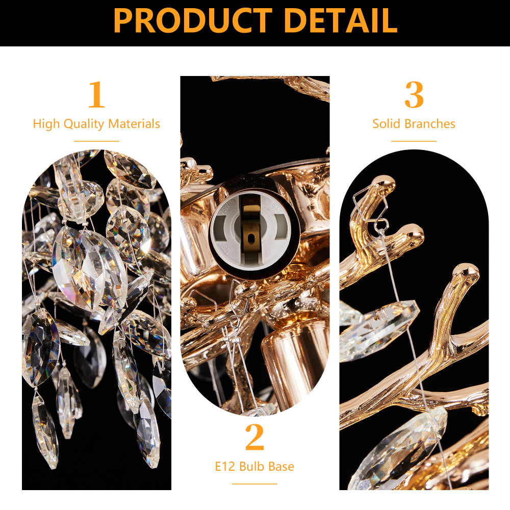 Product detail of gold tree branch crystal chandelier, showcasing high-quality K9 crystals, E12 bulb base, and solid metal branches