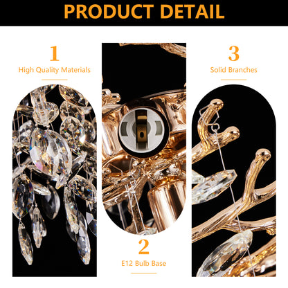 Product detail of gold tree branch crystal chandelier, showcasing high-quality K9 crystals, E12 bulb base, and solid metal branches